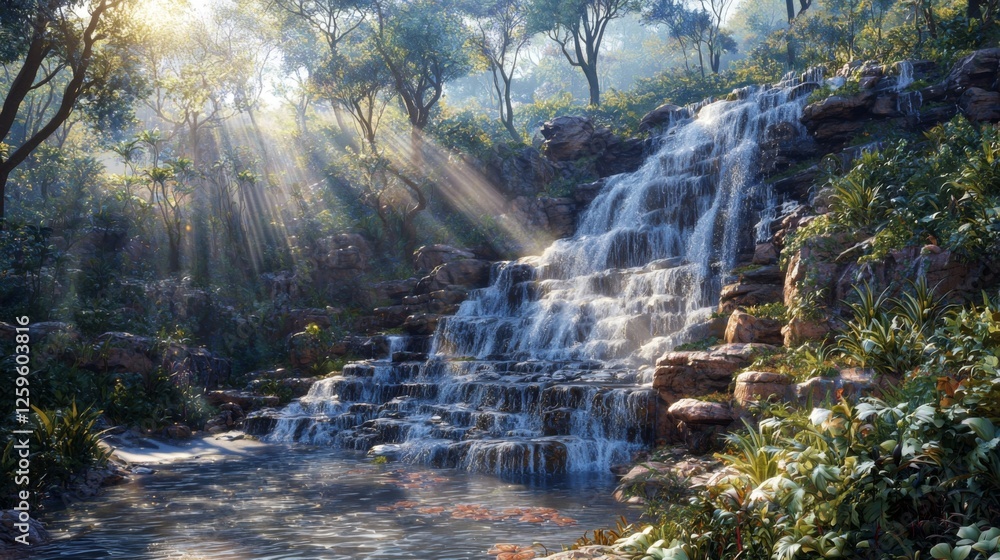 Fototapeta premium Serene Waterfall in a Lush Forest with Sunlight Streaming Through Greenery