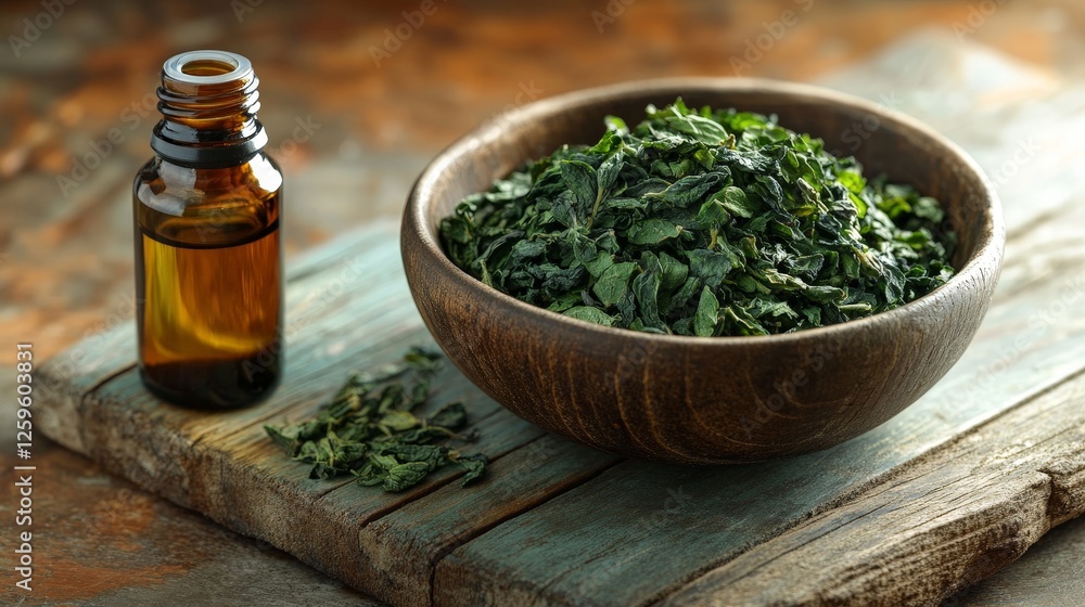 A bowl of dried herbs next to a small bottle of essential oil on a wooden surface. A bowl of dried herbs next to a small bottle of essential oil on a wooden surface.