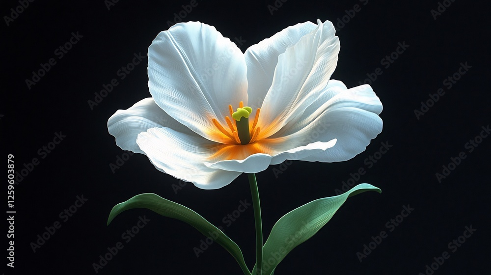 Fototapeta premium Soft light illuminates single white tulip against dark background. AI Generated