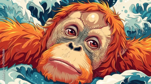 An illustrated orangutan gazes thoughtfully amid crashing waves. photo