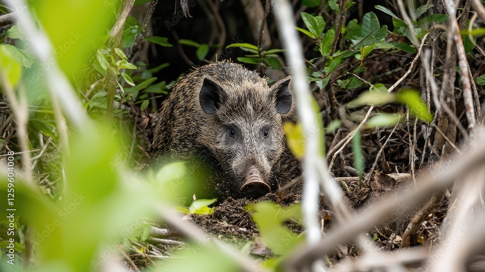 Wild boar foraging in dense foliage, surrounded by lush greenery in a natural habitat Wild boar foraging in dense foliage, surrounded by lush greenery in a natural habitat