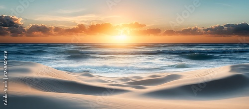 Fototapeta Naklejka Na Ścianę i Meble -  A deserted beach with soft sand dunes gentle waves and a vibrant sky