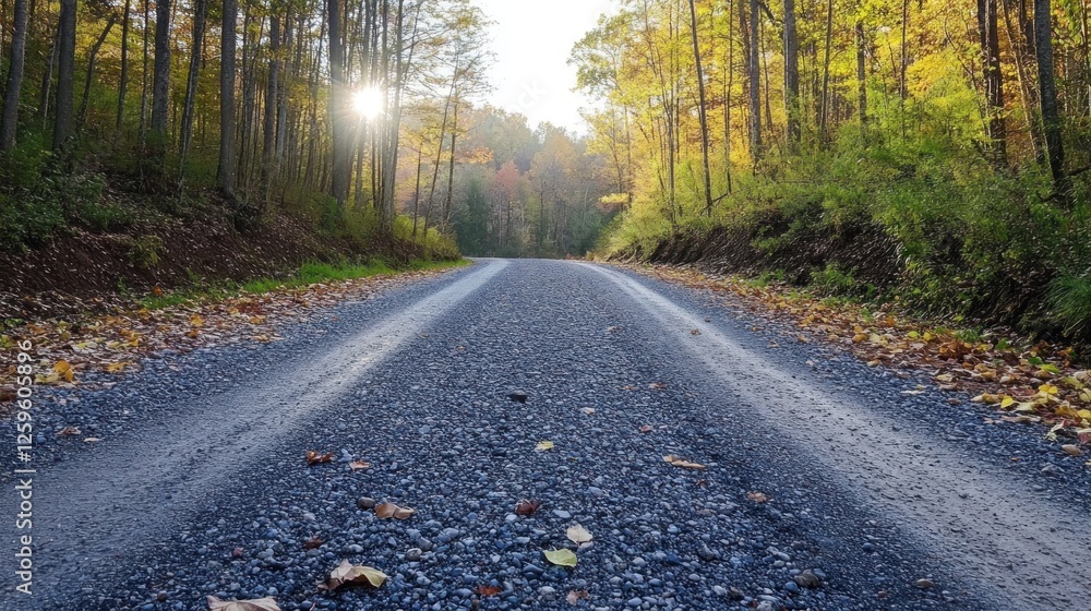 Fototapeta premium Autumnal forest road, sunlit path, fall foliage, scenic drive, nature background