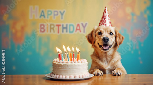 cute happy dog ​​in a birthday cap sits at a table in front of a cake with burning candles on a bright multi-colored background with the inscription HAPPY BIRTHDAY