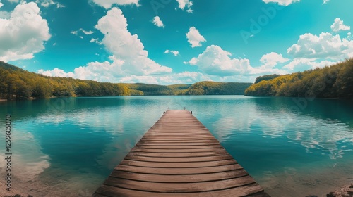 Wallpaper Mural Serene lake, wooden pier, forest backdrop, summer day, peaceful scene Torontodigital.ca