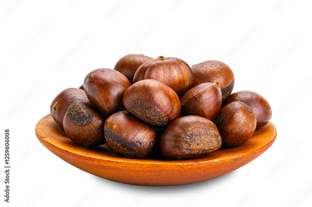 Fototapeta premium Pile of chestnuts in wooden plate isolated on white background with clipping path.