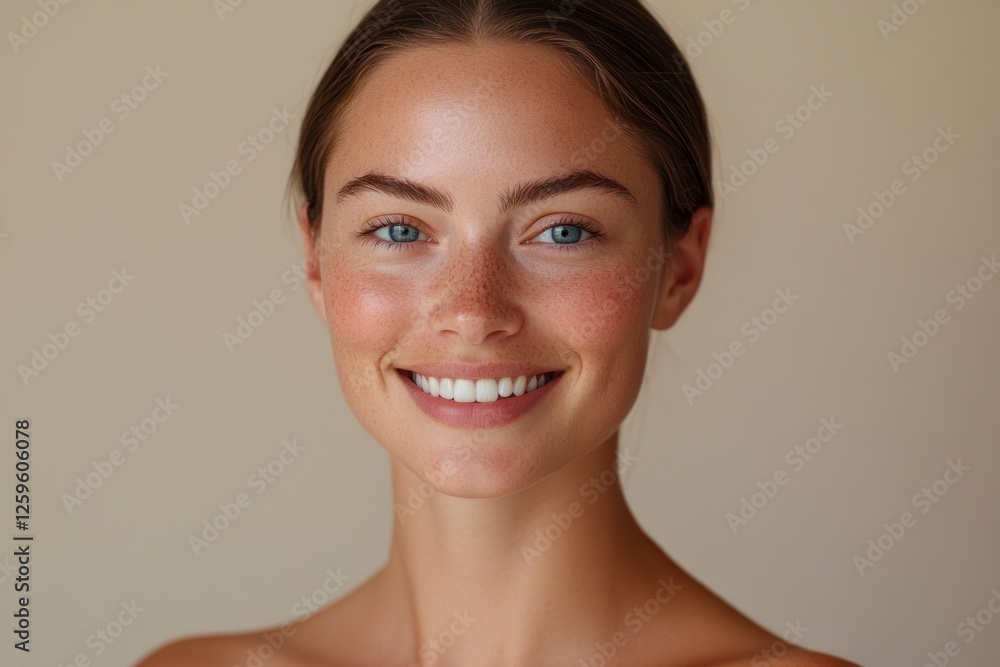 Beautiful young woman with smooth skin and a radiant smile, exuding confidence in her skincare online course against a beige background. The woman has blue eyes and straight hair tied back tightly. Beautiful young woman with smooth skin and a radiant smile, exuding confidence in her skincare online course against a beige background. The woman has blue eyes and straight hair tied back tightly.