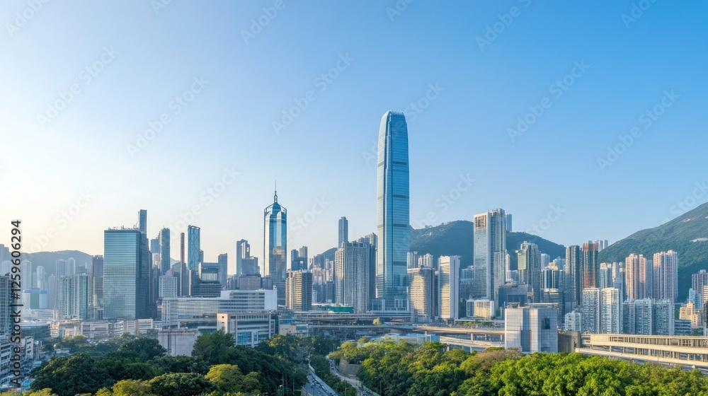 Fototapeta premium Hong Kong Skyline at Sunrise: A Modern Metropolis in Clear Blue Sky