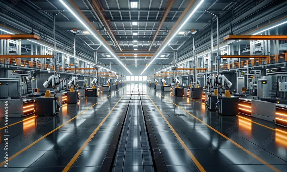 Automated factory robots assembling, futuristic production line, industrial interior, bright lights Automated factory robots assembling, futuristic production line, industrial interior, bright lights