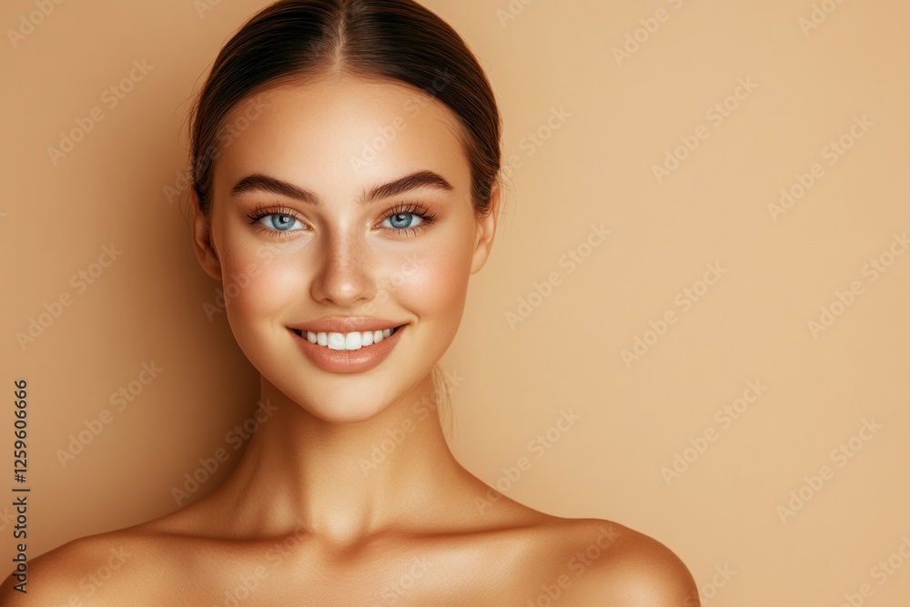Beautiful young woman with smooth skin and a radiant smile, exuding confidence in her skincare online course against a beige background. The woman has blue eyes and straight hair tied back tightly. Beautiful young woman with smooth skin and a radiant smile, exuding confidence in her skincare online course against a beige background. The woman has blue eyes and straight hair tied back tightly.