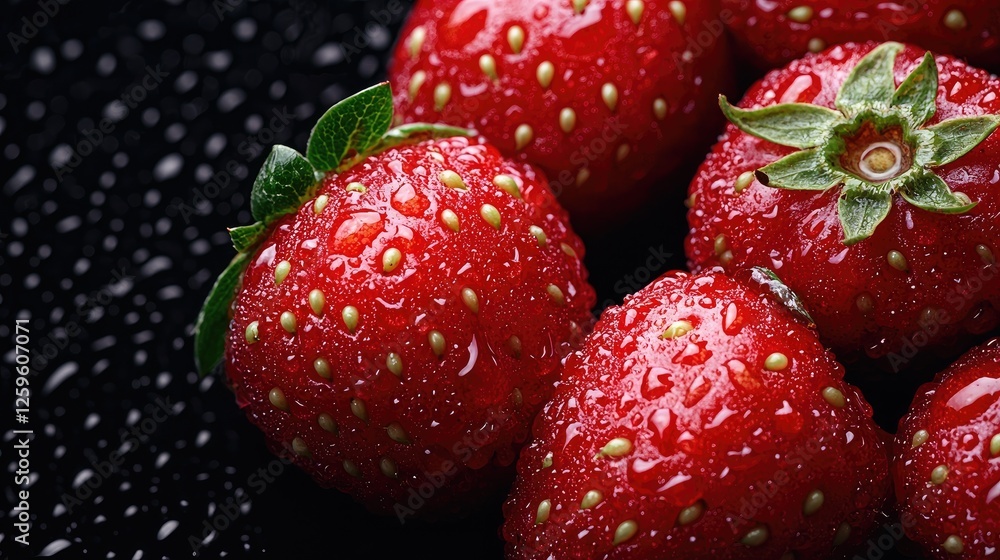 Close-up Fresh Strawberries on Dark Surface. Possible use Food photography Close-up Fresh Strawberries on Dark Surface. Possible use Food photography