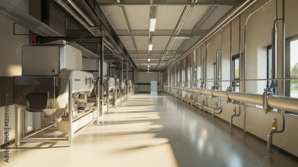 Fototapeta premium Modern industrial interior with stainless steel equipment and pipelines system