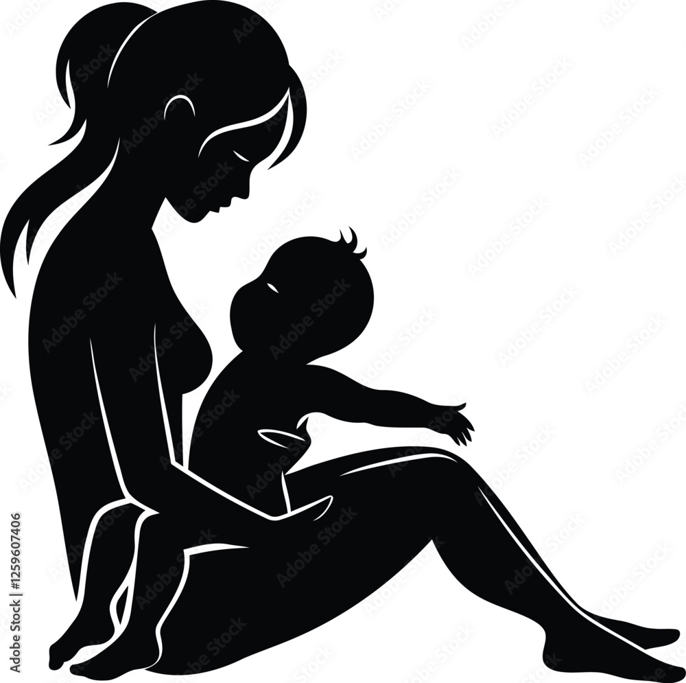 Fototapeta premium Beautiful Mother and Baby Care silhouette vector art, Mother and Baby Care line art vector, Mother and Baby Care vector icon illustration