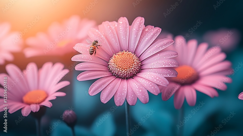 Small radiant flowers bathed in sunlight with a tiny bee fluttering between petals in a serene macro image of a magical summer garden Small radiant flowers bathed in sunlight with a tiny bee fluttering between petals in a serene macro image of a magical summer garden
