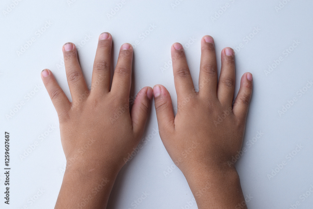 Close up boy's hand with long nails isolated on white background. unclean nails. healthy concept. Close up boy's hand with long nails isolated on white background. unclean nails. healthy concept.