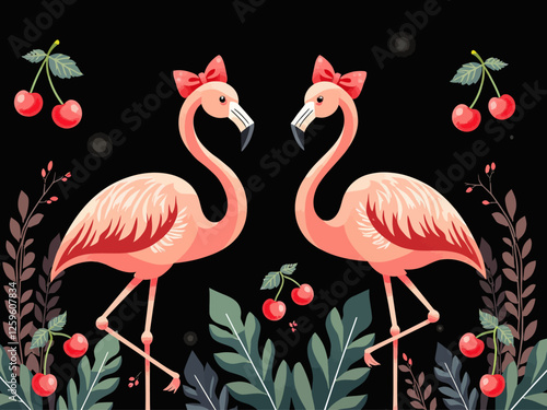 Using vintage colors, flamingos are presented in a classic illustration style with rich feather details and elegant posture