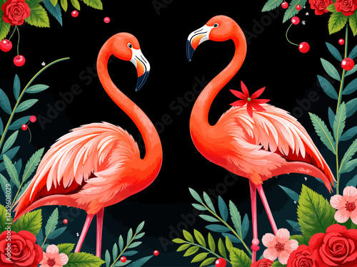 Using vintage colors, flamingos are presented in a classic illustration style with rich feather details and elegant posture