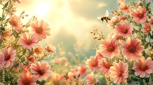 A fairy tale inspired summer garden with enchanting wildflowers and a soft glowing bokeh background featuring a graceful honeybee