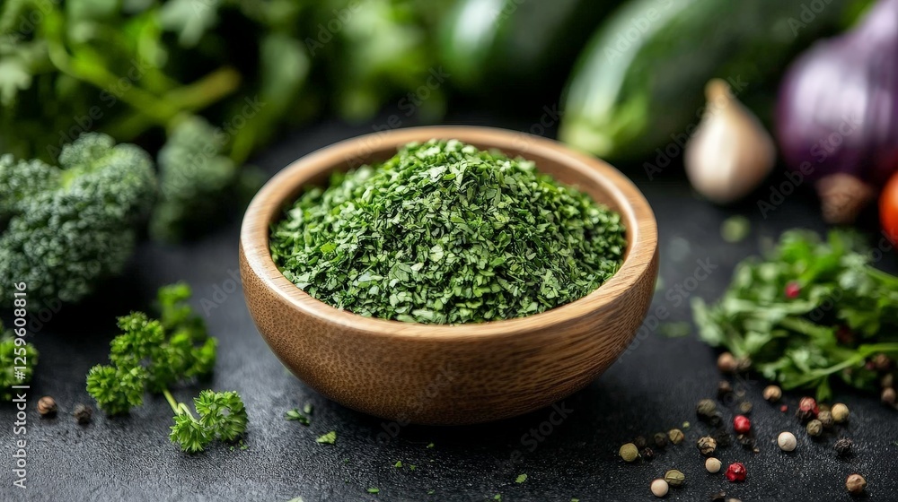 A bowl of finely chopped green herbs surrounded by fresh vegetables. A bowl of finely chopped green herbs surrounded by fresh vegetables.