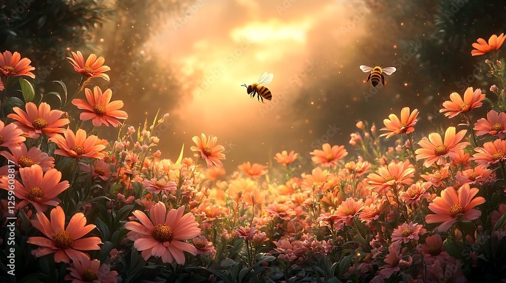 Soft glowing summer light illuminating a fairy garden filled with delicate flowers and a honeybee floating gently between petals Soft glowing summer light illuminating a fairy garden filled with delicate flowers and a honeybee floating gently between petals