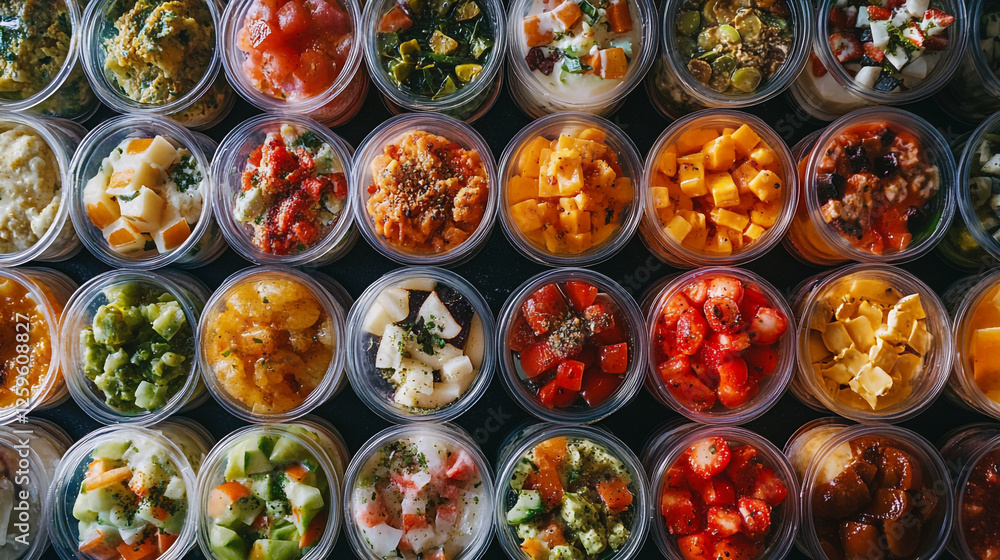 Fototapeta premium Assorted Colorful Delicious Fruit Salad Cups Healthy Snack Variety Food Meal Treat Fresh Sweet Yummy
