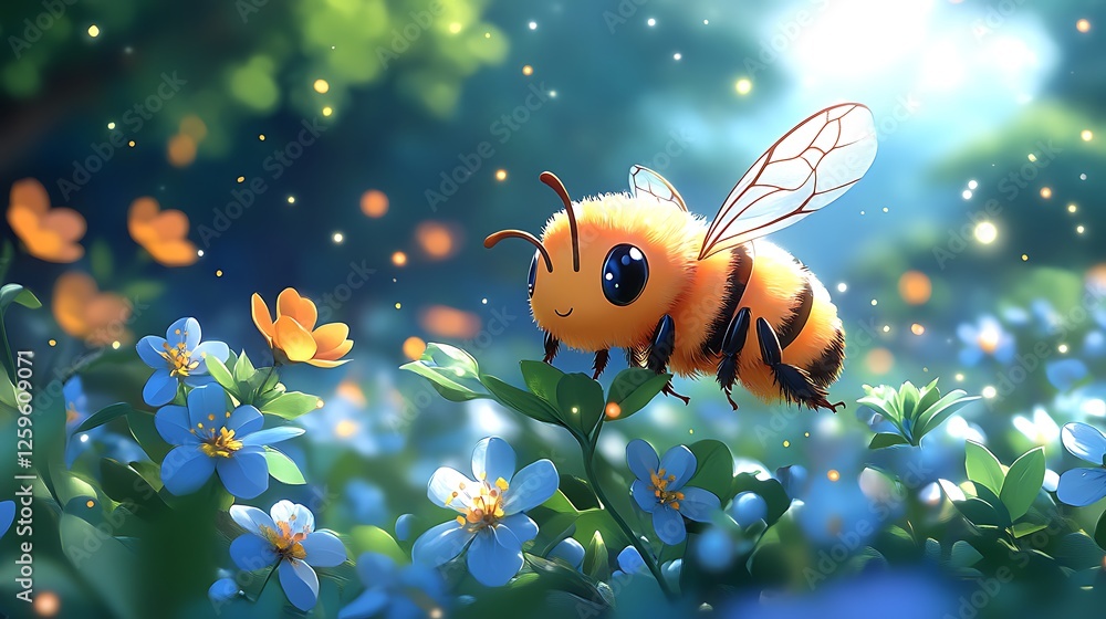 Close up of a golden bee resting on a sun kissed blossom with blurred blue and green foliage adding a soft dreamy effect Close up of a golden bee resting on a sun kissed blossom with blurred blue and green foliage adding a soft dreamy effect