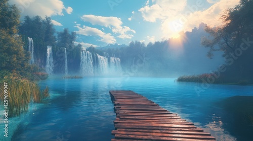 Serene waterfall lake sunrise, wooden dock, misty forest background; travel, nature