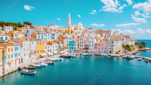 Mediterranean, harbor, tradition, A picturesque coastal town with colorful buildings, a serene harbor, and a vibrant blue sky, creating a charming Mediterranean atmosphere.