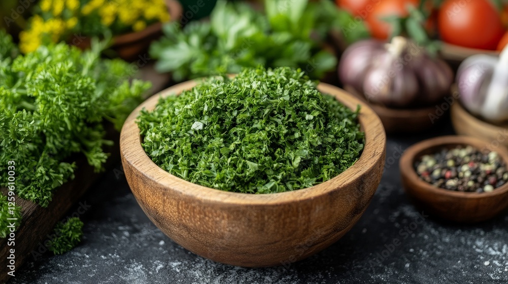 A bowl of finely chopped herbs surrounded by fresh vegetables and spices. A bowl of finely chopped herbs surrounded by fresh vegetables and spices.