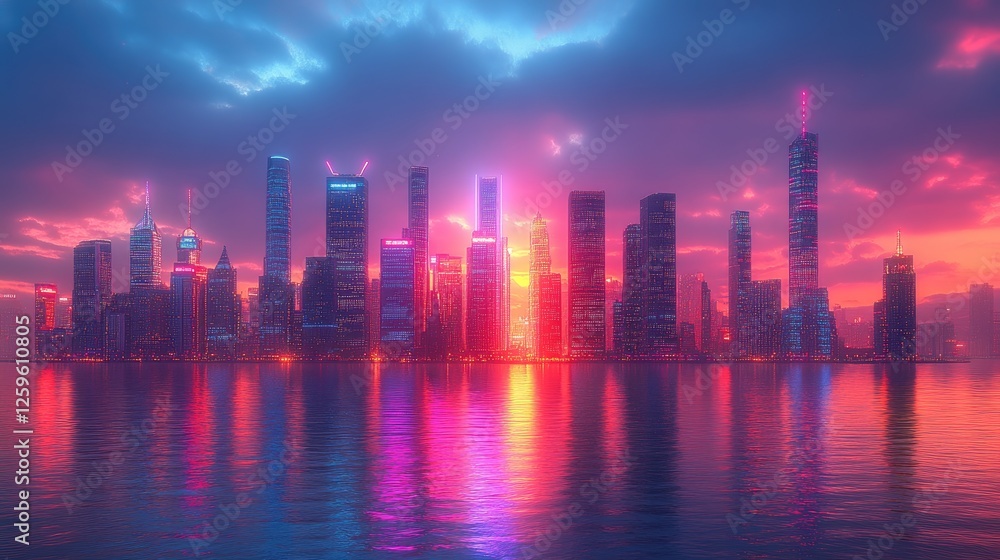 Fototapeta premium Neon Cityscape Sunset Reflection, Waterfront, Digital Art