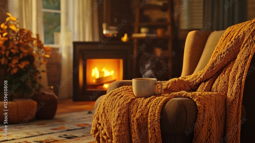 custom made wallpaper toronto digitalCozy autumn evening by fireplace, warm drink, home comfort