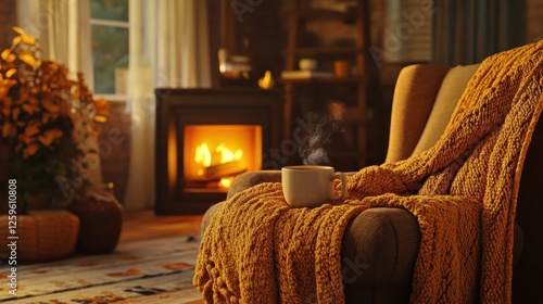 Cozy autumn evening by fireplace, warm drink, home comfort