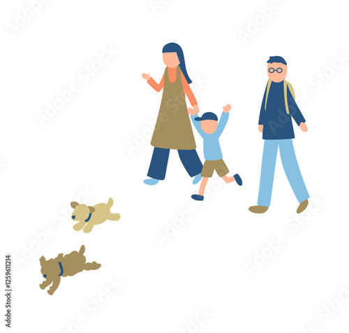走り回る犬と家族のイラスト