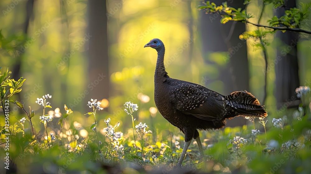 A wild turkey gracefully walks through a sunlit forest filled with blooming flowers A wild turkey gracefully walks through a sunlit forest filled with blooming flowers
