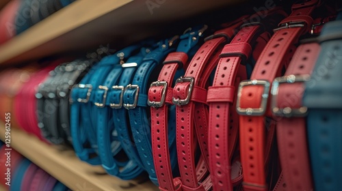 Colorful dog harnesses displayed on store shelves, ready for purchase photo