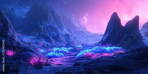 A mysterious otherworldly terrain glowing blue and purple plants massive alien mountains hyper detailed sci fi scene photo