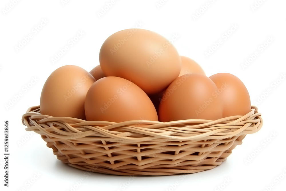 Front view of brown chicken eggs in stack in wicker basket is isolated on white background with clipping path. Front view of brown chicken eggs in stack in wicker basket is isolated on white background with clipping path.