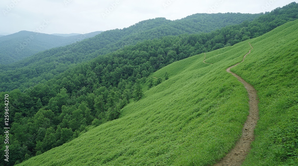 Obraz premium Winding mountain trail, green hills, scenic view, summer hike, nature backdrop