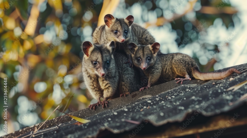 Trio of sugar gliders perched on a rooftop Trio of sugar gliders perched on a rooftop