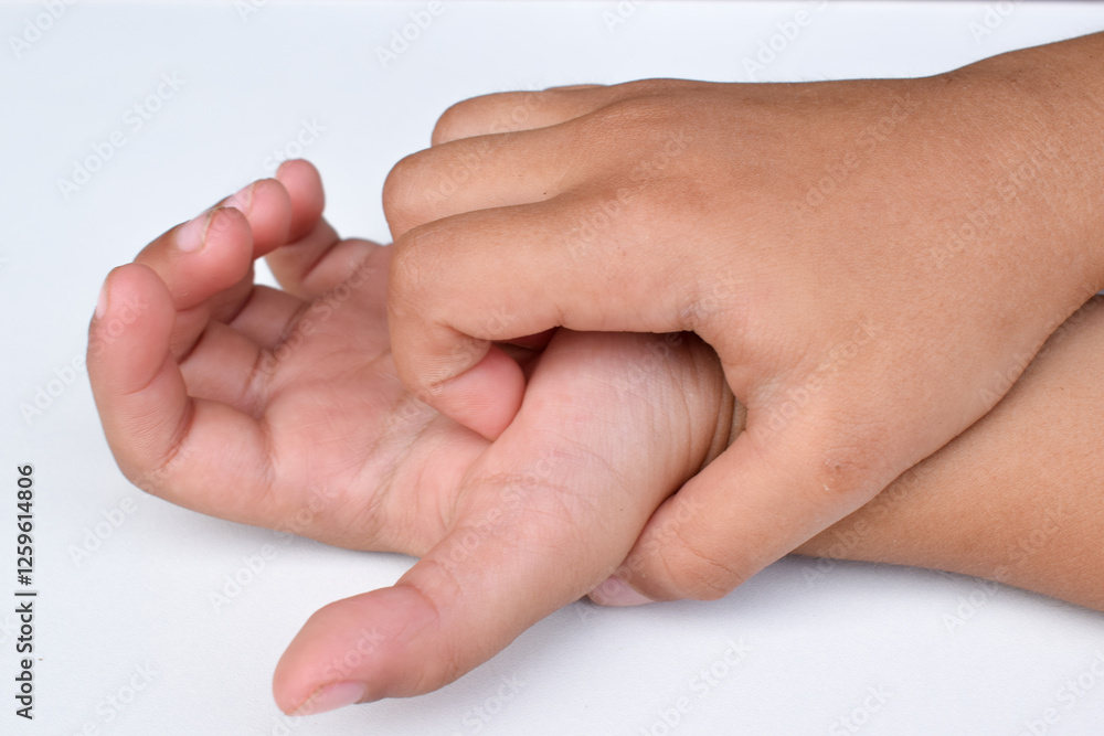 Boy's hand scratches itchy palm. isolated on white background. Concept with Health and Medicine Boy's hand scratches itchy palm. isolated on white background. Concept with Health and Medicine