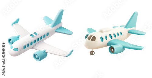 2png sets3D realistic white airplane with blue portholes and wings in a perspective view. The cartoon-style design adds a playful and friendly touch, perfect for travel-related content and branding.