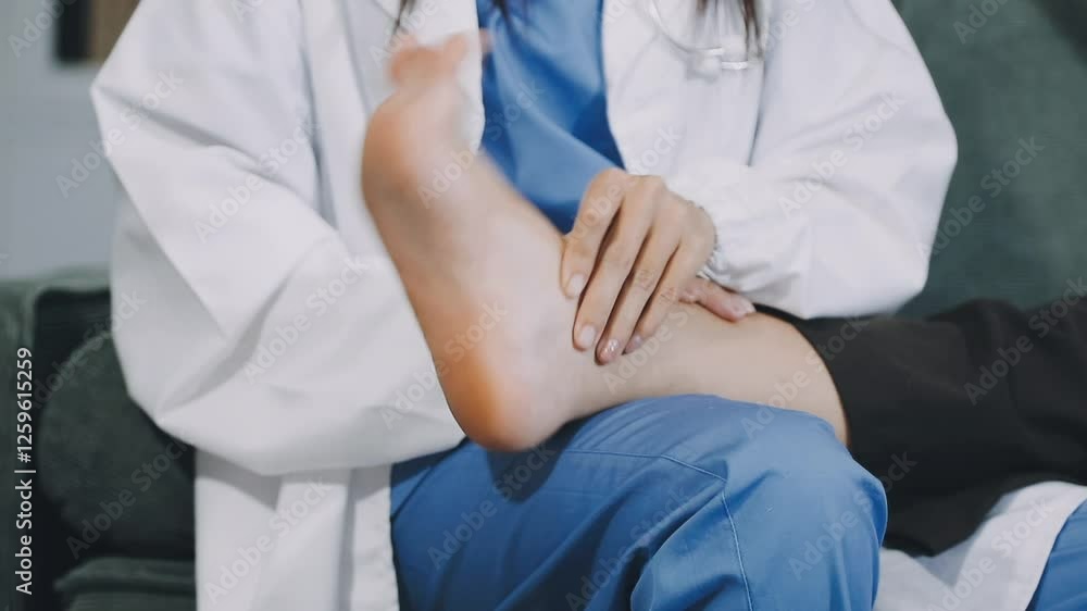 Gloved doctor examines patient's skin on leg between toes. Skin fungus on the feet concept