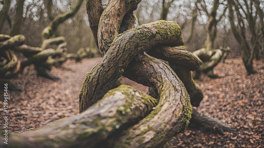 Twisted moss-covered tree branches intertwine in a serene forest setting with fallen leaves Twisted moss-covered tree branches intertwine in a serene forest setting with fallen leaves
