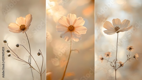 Serene Triptych of Delicate White Cosmos Flowers in Soft Golden Light