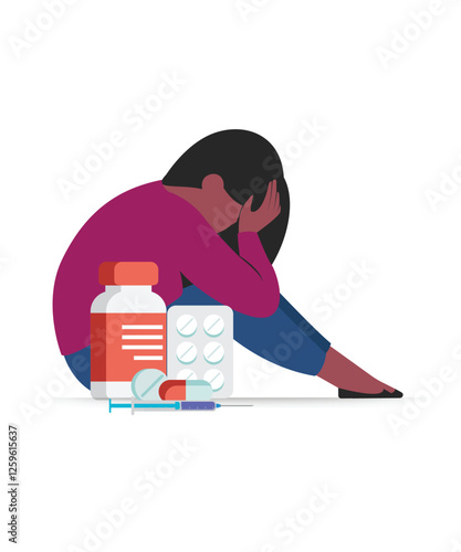Young Depressed Woman Suffering From Drug Addiction stock illustration