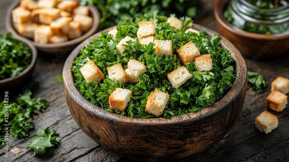 A bowl of fresh parsley topped with croutons, showcasing a vibrant salad preparation. A bowl of fresh parsley topped with croutons, showcasing a vibrant salad preparation.