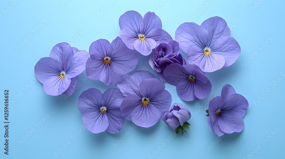Obraz premium Delicate Light Purple Pansies on a Pastel Blue Background Floral Arrangement Spring Flowers