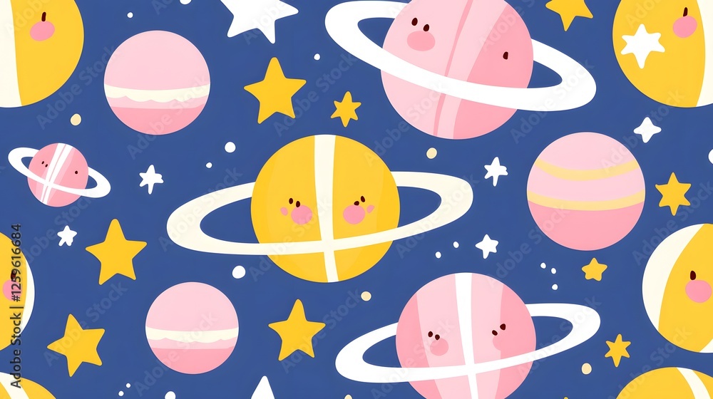 Naklejka premium Cute Cartoon Planets and Stars Pattern with Whimsical Background