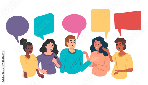 talking people men women speech bubbles communication interaction friends students colleagues cartoon vector illustration background collection