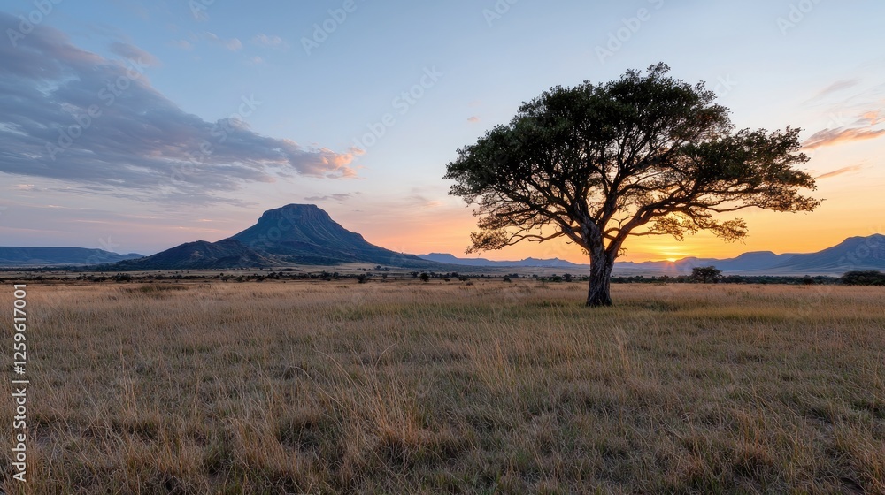 Fototapeta premium Sunrise over African Savannah with lone tree